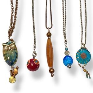Bundle Upcycled Handmade Pendant Necklaces Glass Beads Owl Whimsical Colorful